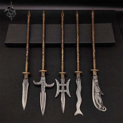 Hand-Forged Miniature Ancient Brass Long Handle Weapon 5 In 1 Pack