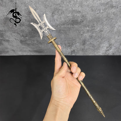 Hand-Forged Miniature Ancient Brass Long Handle Weapons Gift Wooden Case