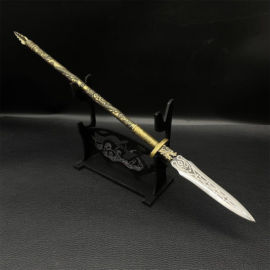 Hand-Forged Brass Dragon Sculpture Handle Spear Miniature Ancient Long Handle Weapon 36CM/14.2"