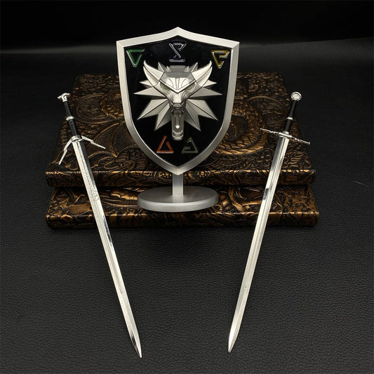 Geralt Steel & Silver Sword Mini Metal Replica Set, Unsharpened Weapon Model Desktop Collectible Gift